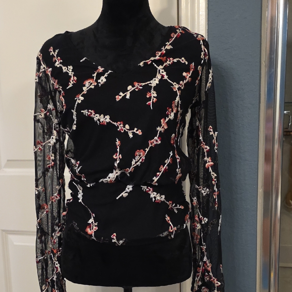 Chic Black Floral Mesh Blouse